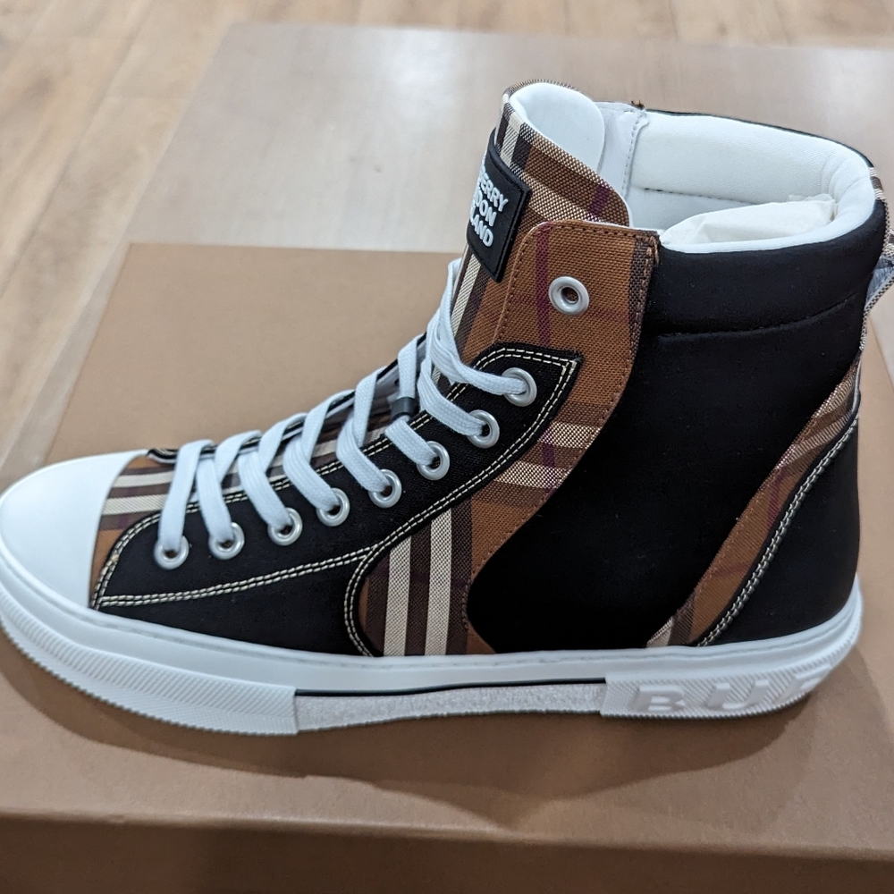 Mens Burberry Vintage Check Neoprene/Cotton High-Top Sneakers Black - Picture 4 of 8